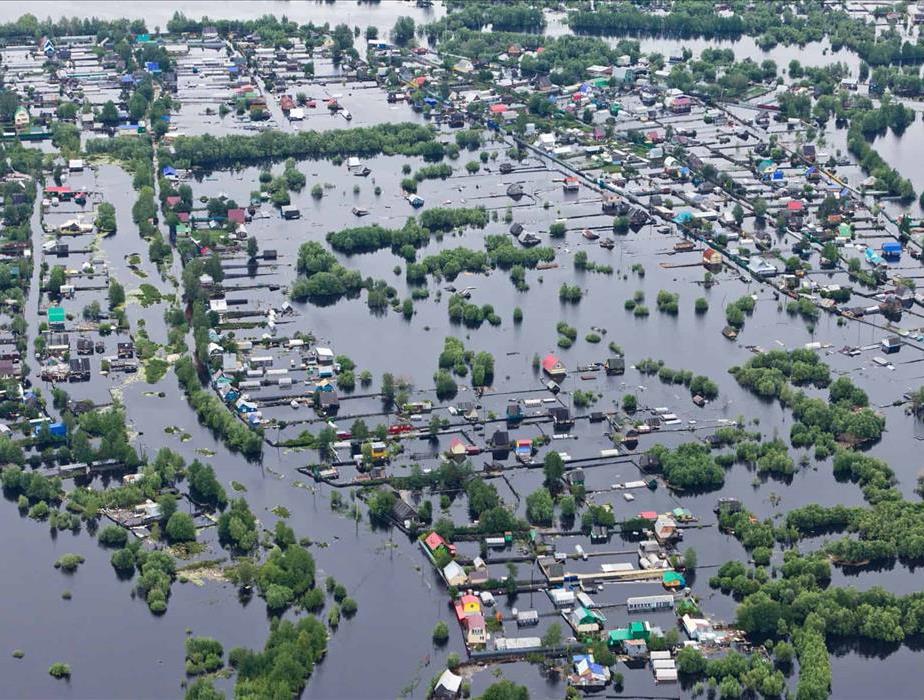 Aerial view of a town submerged in water from a storm