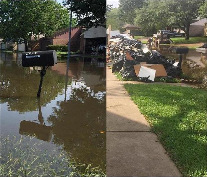 Two images side by side one shows a flooded front street of a house, the other hundreds of garbage bags on sidewalk